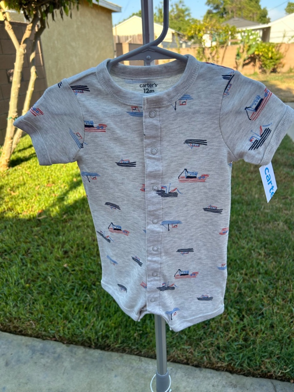 Carter's Heather Gray Short-Sleeve Romper with Red & Navy Boat Print